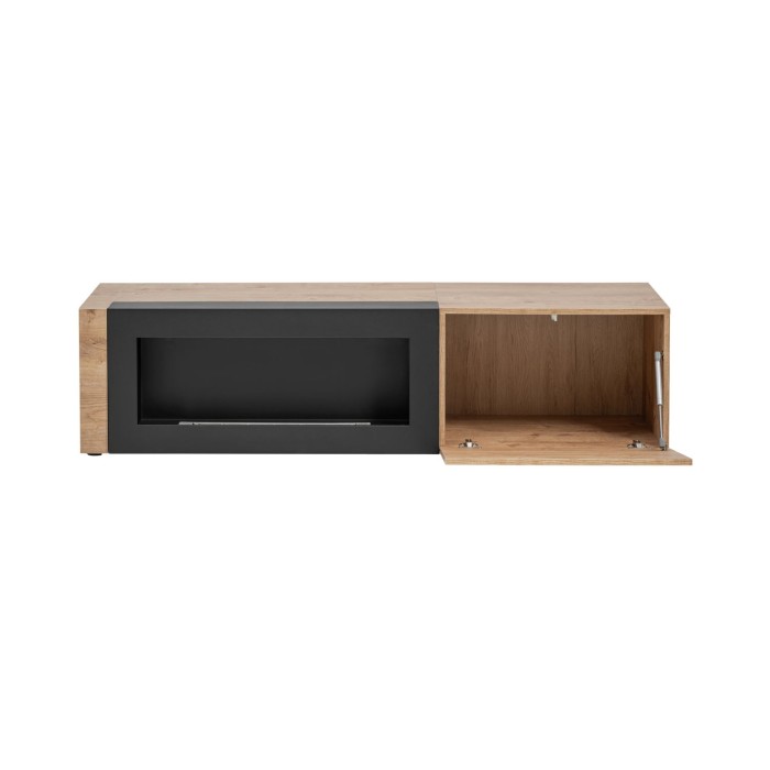 Conjunto de salón DOUM – Roble claro y negro – Con chimenea bioetanol – L320 x H192 x P45 cm
