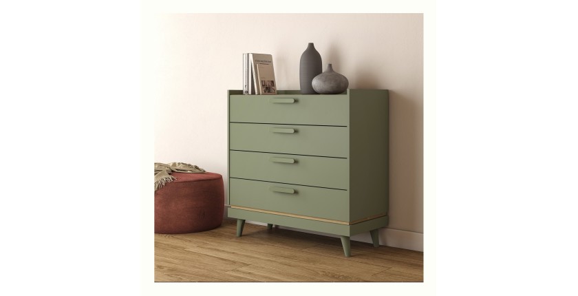 Commode NOKI – Vert et bois – 3 tiroirs style scandinave