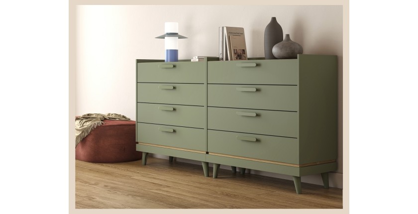 Commode NOKI – Vert et bois – 3 tiroirs style scandinave