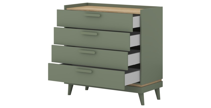 Commode NOKI – Vert et bois – 3 tiroirs style scandinave