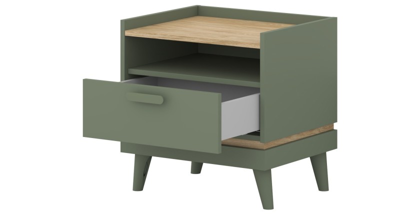 Table de chevet NOKI – Vert et bois – 1 tiroir style scandinave