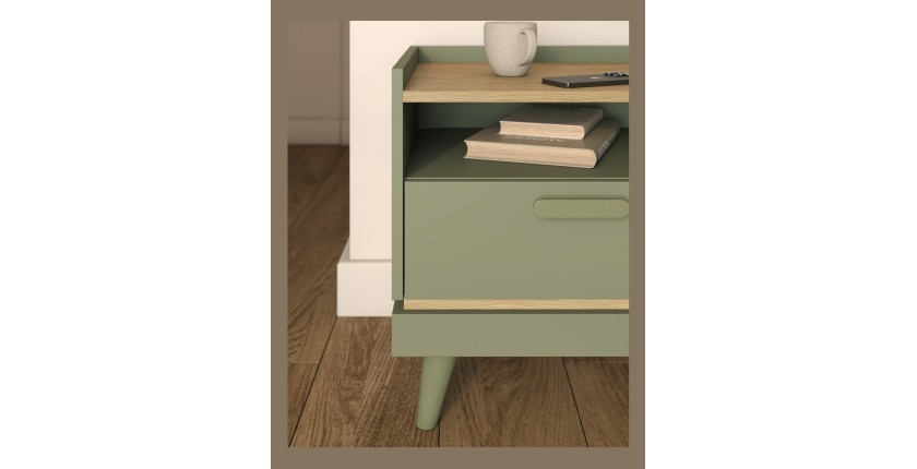 Table de chevet NOKI – Vert et bois – 1 tiroir style scandinave
