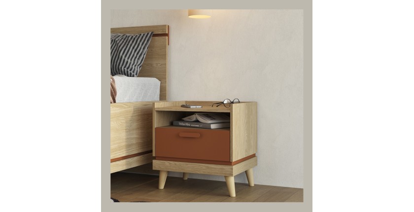 Table de chevet NOKI – Chêne clair et moka – 1 tiroir style scandinave