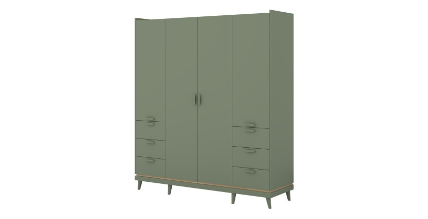 Armoire NOKI – 4 portes vert et bois – Style scandinave