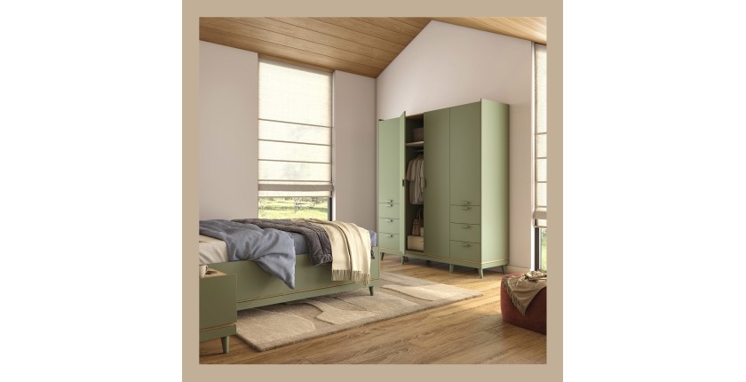 Armoire NOKI – 4 portes vert et bois – Style scandinave