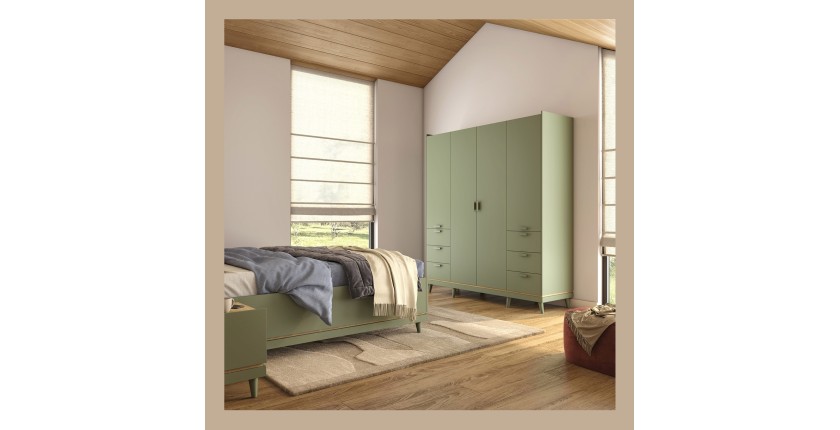Armoire NOKI – 4 portes vert et bois – Style scandinave
