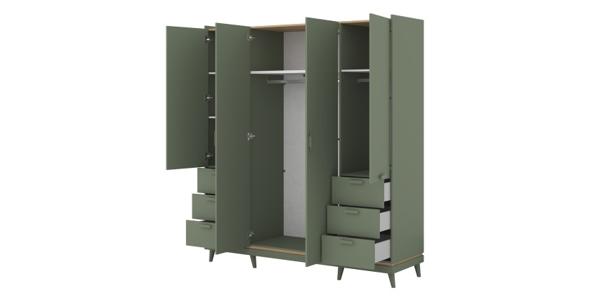 Armoire NOKI – 4 portes vert et bois – Style scandinave