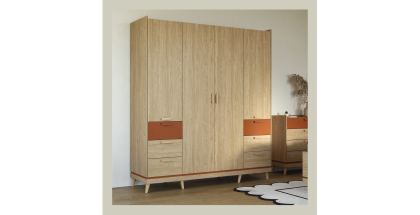 Armoire NOKI – 4 portes chêne clair et moka – Style scandinave