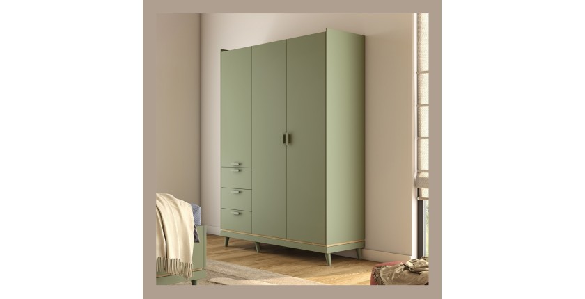 Armoire NOKI – 3 portes vert et bois – Style scandinave