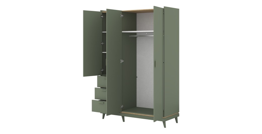 Armoire NOKI – 3 portes vert et bois – Style scandinave