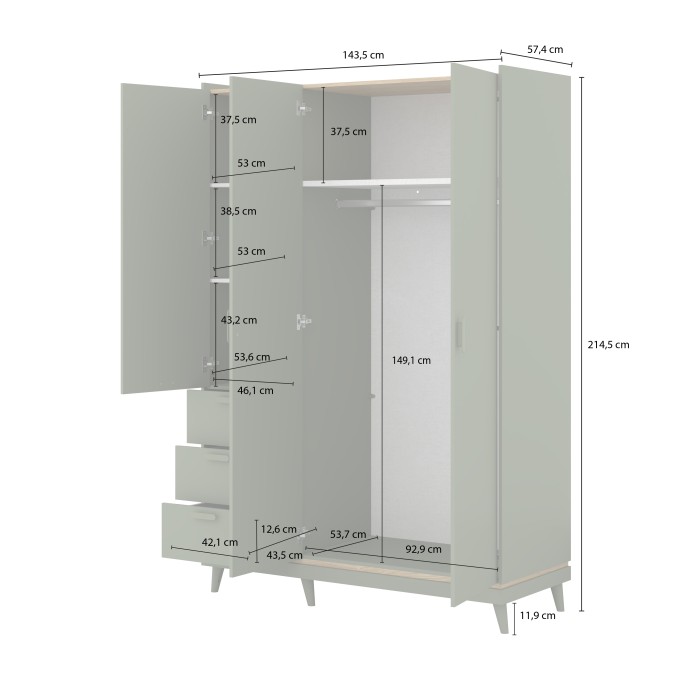 Kast NOKI – 3 deuren groen en hout – Scandinavische stijl