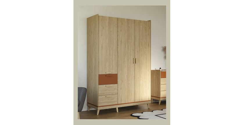Armoire NOKI – 3 portes chêne clair et moka – Style scandinave