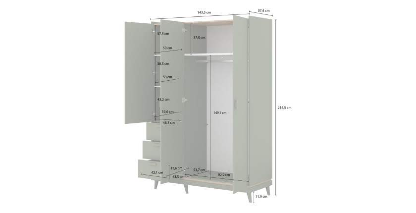 Armoire NOKI – 3 portes chêne clair et moka – Style scandinave