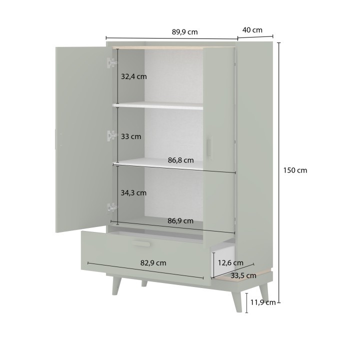 Kast NOKI – 2 deuren + 1 lade groen en hout – Kleine kast in Scandinavische stijl