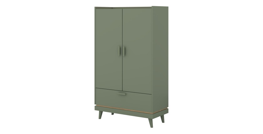 Armoire NOKI – 2 portes + 1 tiroir vert et bois – Petite armoire style scandinave