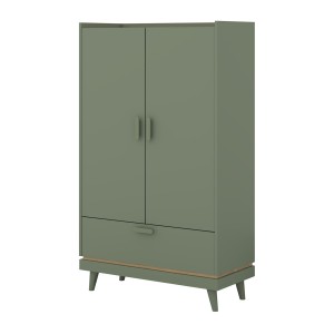 Armoire NOKI – 2 portes + 1 tiroir vert et bois – Petite armoire style scandinave