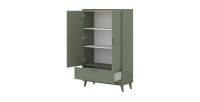 Armoire NOKI – 2 portes + 1 tiroir vert et bois – Petite armoire style scandinave
