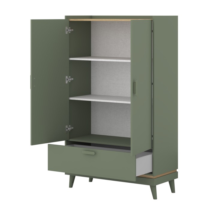 Kast NOKI – 2 deuren + 1 lade groen en hout – Kleine kast in Scandinavische stijl