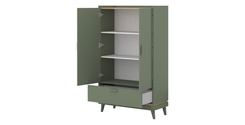 Armoire NOKI – 2 portes + 1 tiroir vert et bois – Petite armoire style scandinave