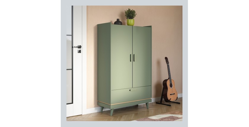 Armoire NOKI – 2 portes + 1 tiroir vert et bois – Petite armoire style scandinave