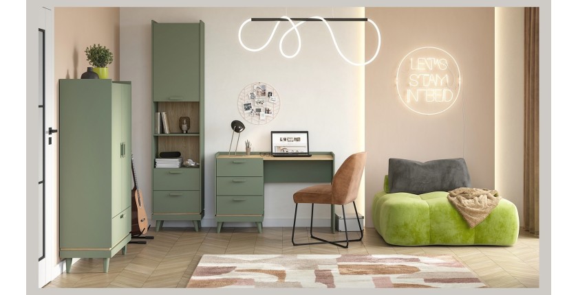 Armoire NOKI – 2 portes + 1 tiroir vert et bois – Petite armoire style scandinave