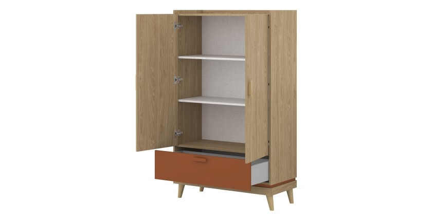 Armoire de rangement NOKI – 2 portes + 1 tiroir chêne clair et moka – Style scandinave