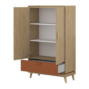 Armoire de rangement NOKI – 2 portes + 1 tiroir chêne clair et moka – Style scandinave