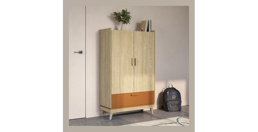 Armoire de rangement NOKI – 2 portes + 1 tiroir chêne clair et moka – Style scandinave