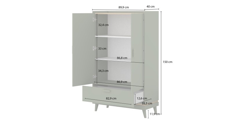 Armoire de rangement NOKI – 2 portes + 1 tiroir chêne clair et moka – Style scandinave