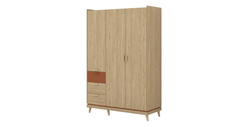 Ensemble chambre NOKI – Lit 160x200 + armoire 3 portes + commode + table de chevet – Chêne clair, moka et vert scandinave