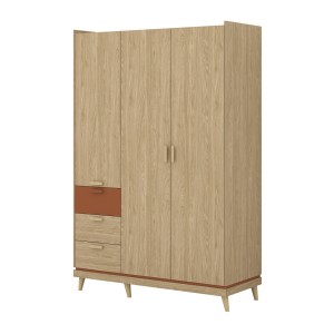 Ensemble chambre NOKI – Lit 160x200 + armoire 3 portes + commode + table de chevet – Chêne clair, moka et vert scandinave