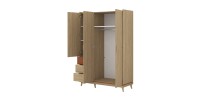 Ensemble chambre NOKI – Lit 160x200 + armoire 3 portes + commode + table de chevet – Chêne clair, moka et vert scandinave