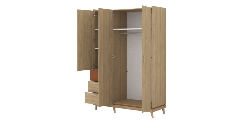 Ensemble chambre NOKI – Lit 160x200 + armoire 3 portes + commode + table de chevet – Chêne clair, moka et vert scandinave