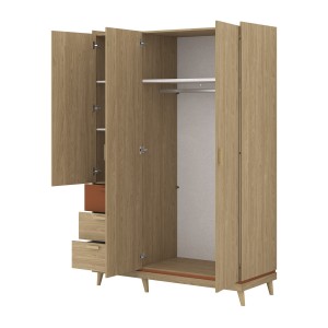 Ensemble chambre NOKI – Lit 160x200 + armoire 3 portes + commode + table de chevet – Chêne clair, moka et vert scandinave
