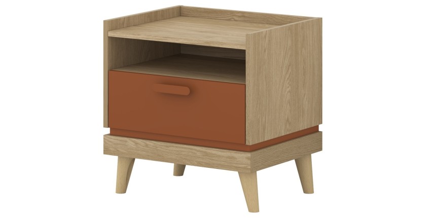 Ensemble chambre NOKI – Lit 160x200 + armoire 3 portes + commode + table de chevet – Chêne clair, moka et vert scandinave