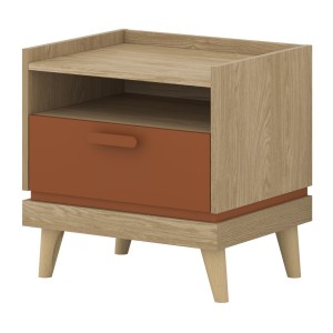 Ensemble chambre NOKI – Lit 160x200 + armoire 3 portes + commode + table de chevet – Chêne clair, moka et vert scandinave