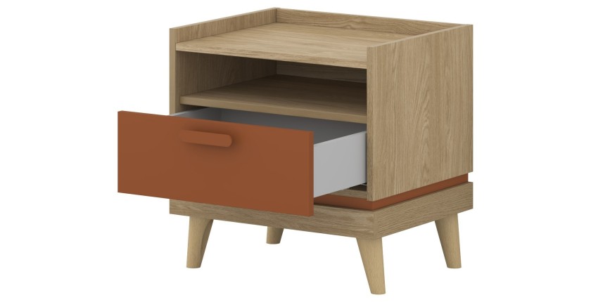 Ensemble chambre NOKI – Lit 160x200 + armoire 3 portes + commode + table de chevet – Chêne clair, moka et vert scandinave