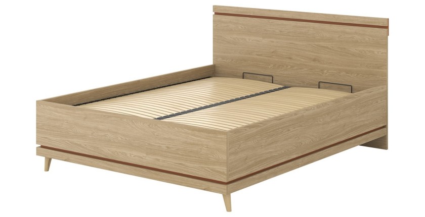 Ensemble chambre NOKI – Lit 160x200 + armoire 3 portes + commode + table de chevet – Chêne clair, moka et vert scandinave