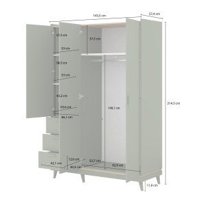 Ensemble chambre NOKI – Lit 160x200 + armoire 3 portes + commode + table de chevet – Chêne clair, moka et vert scandinave