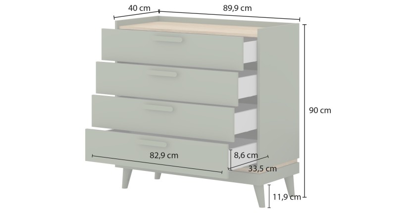 Ensemble chambre NOKI – Lit 160x200 + armoire 3 portes + commode + table de chevet – Chêne clair, moka et vert scandinave