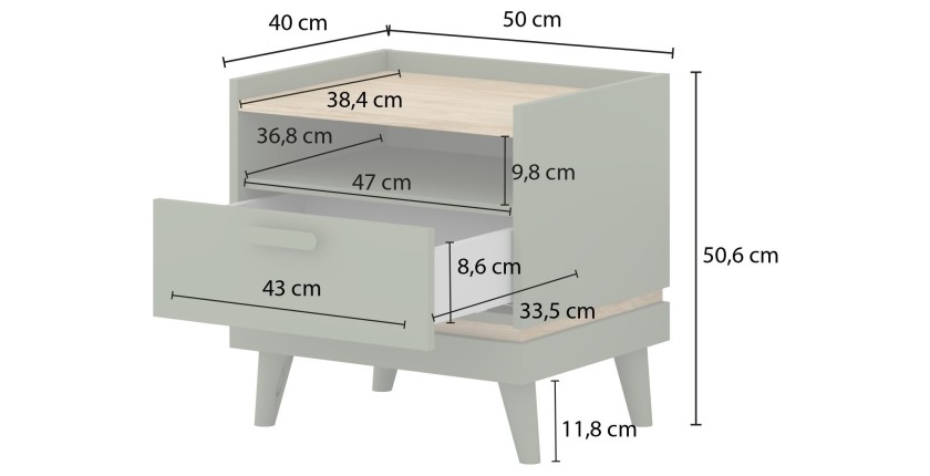Ensemble chambre NOKI – Lit 160x200 + armoire 3 portes + commode + table de chevet – Chêne clair, moka et vert scandinave