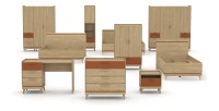 Ensemble chambre NOKI – Lit 160x200 + armoire 3 portes + commode + table de chevet – Chêne clair, moka et vert scandinave