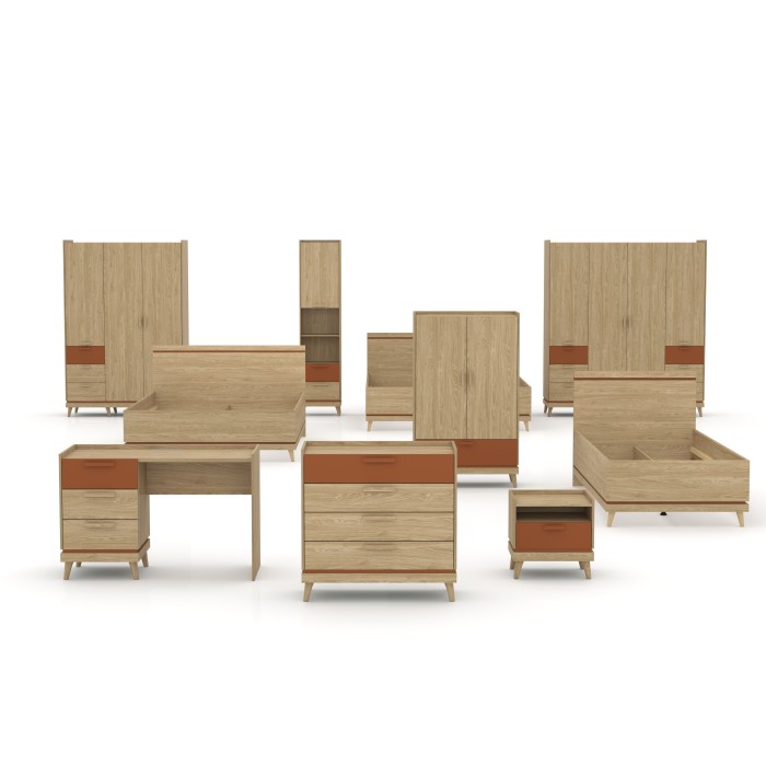 Set camera NOKI – Letto 160x200 + armadio 3 porte + cassettiera + comodino – Rovere chiaro e moka stile scandinavo