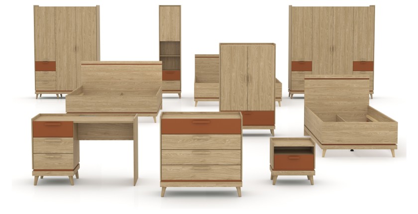 Ensemble chambre NOKI – Lit 160x200 + armoire 3 portes + commode + table de chevet – Chêne clair, moka et vert scandinave