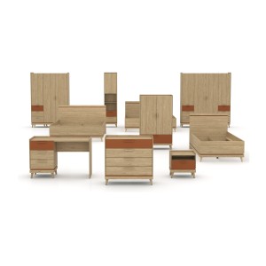 Ensemble chambre NOKI – Lit 160x200 + armoire 3 portes + commode + table de chevet – Chêne clair, moka et vert scandinave