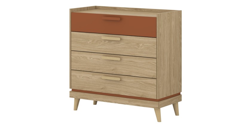 Ensemble chambre NOKI – Lit 160x200 + armoire 3 portes + commode + table de chevet – Chêne clair, moka et vert scandinave
