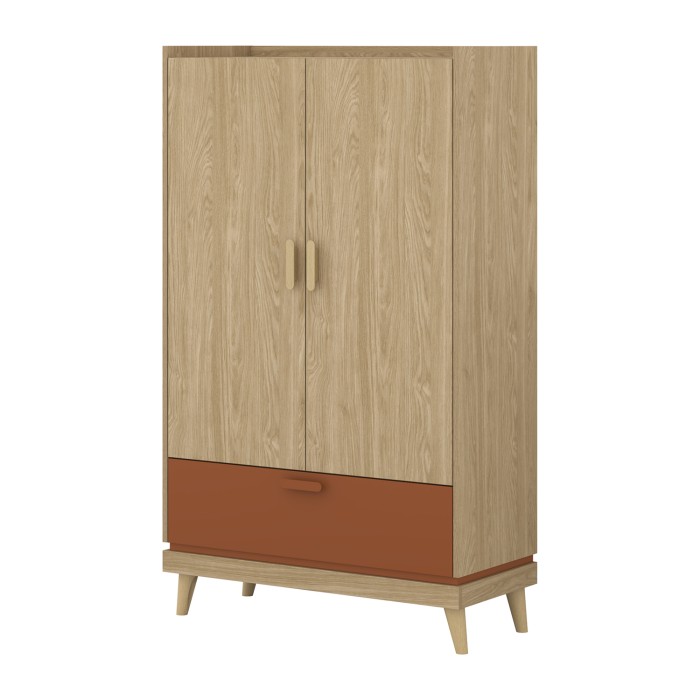 Ensemble chambre NOKI – Lit coffre 180x200 + armoire 3 portes + commode + 2 chevets – Chêne clair, moka et vert scandinave