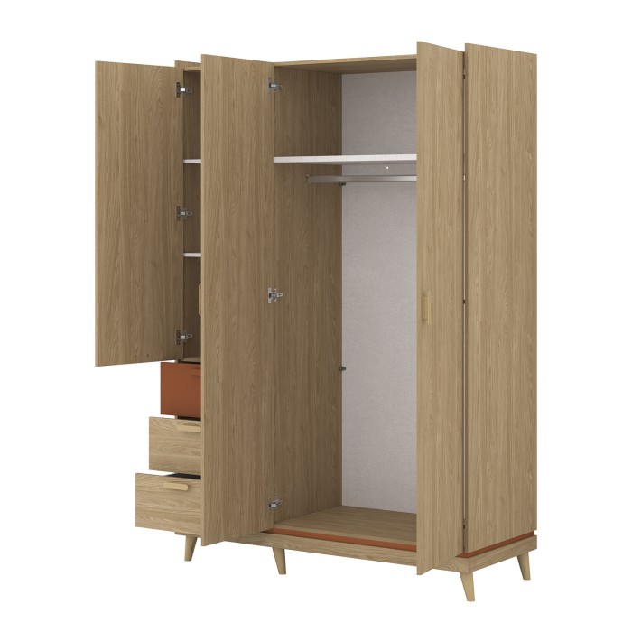 Ensemble chambre NOKI – Lit coffre 180x200 + armoire 3 portes + commode + 2 chevets – Chêne clair, moka et vert scandinave