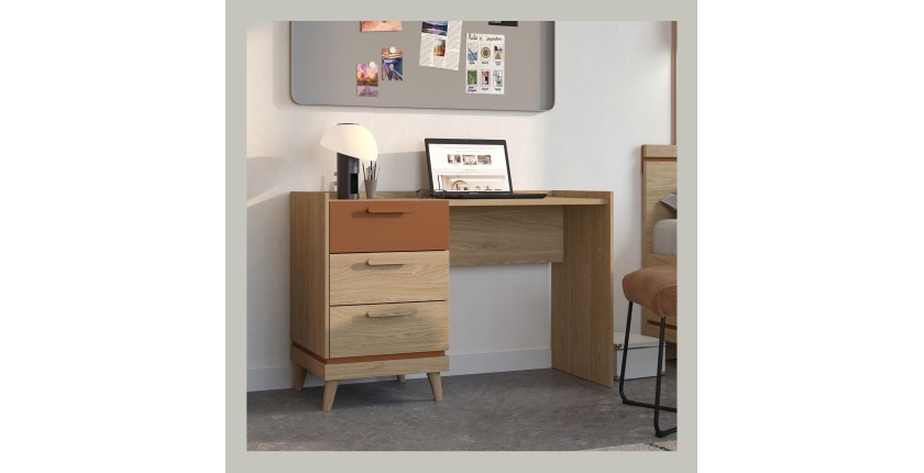 Bureau scandinave NOKI – Chêne clair et moka – 3 tiroirs de rangement