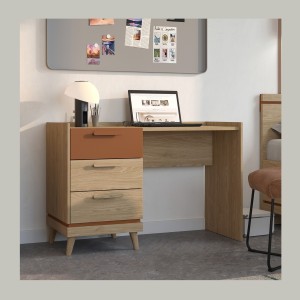 Bureau scandinave NOKI – Chêne clair et moka – 3 tiroirs de rangement